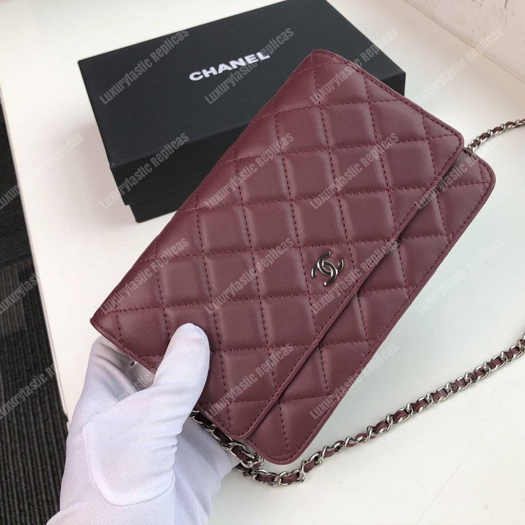Ch*el wallet on chain – woc quilted lambskin maroon silver-toned