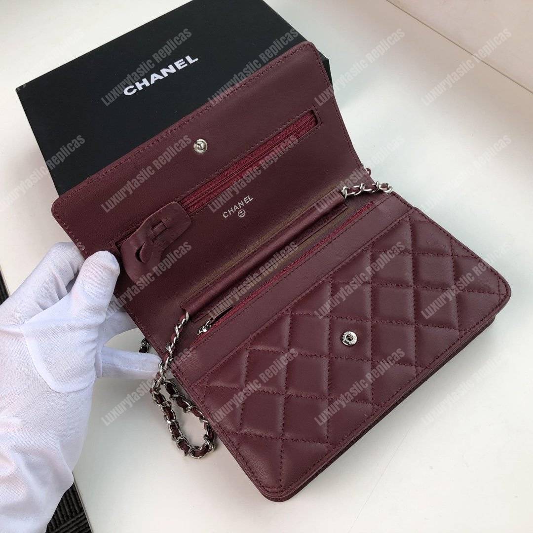 Ch*el wallet on chain – woc quilted lambskin maroon silver-toned