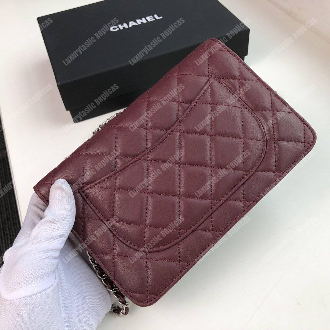 Ch*el wallet on chain – woc quilted lambskin maroon silver-toned
