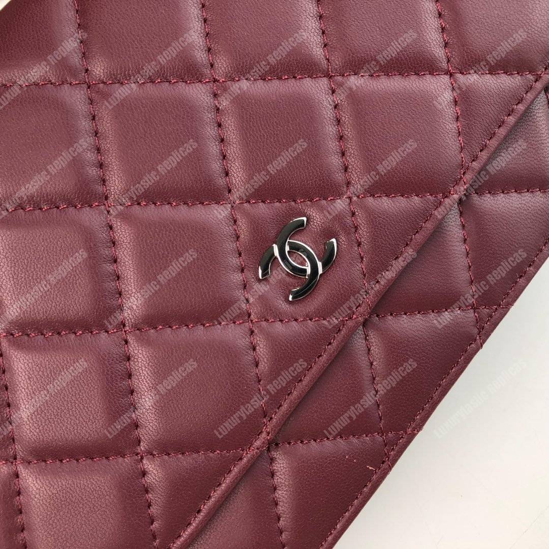 Ch*el wallet on chain – woc quilted lambskin maroon silver-toned