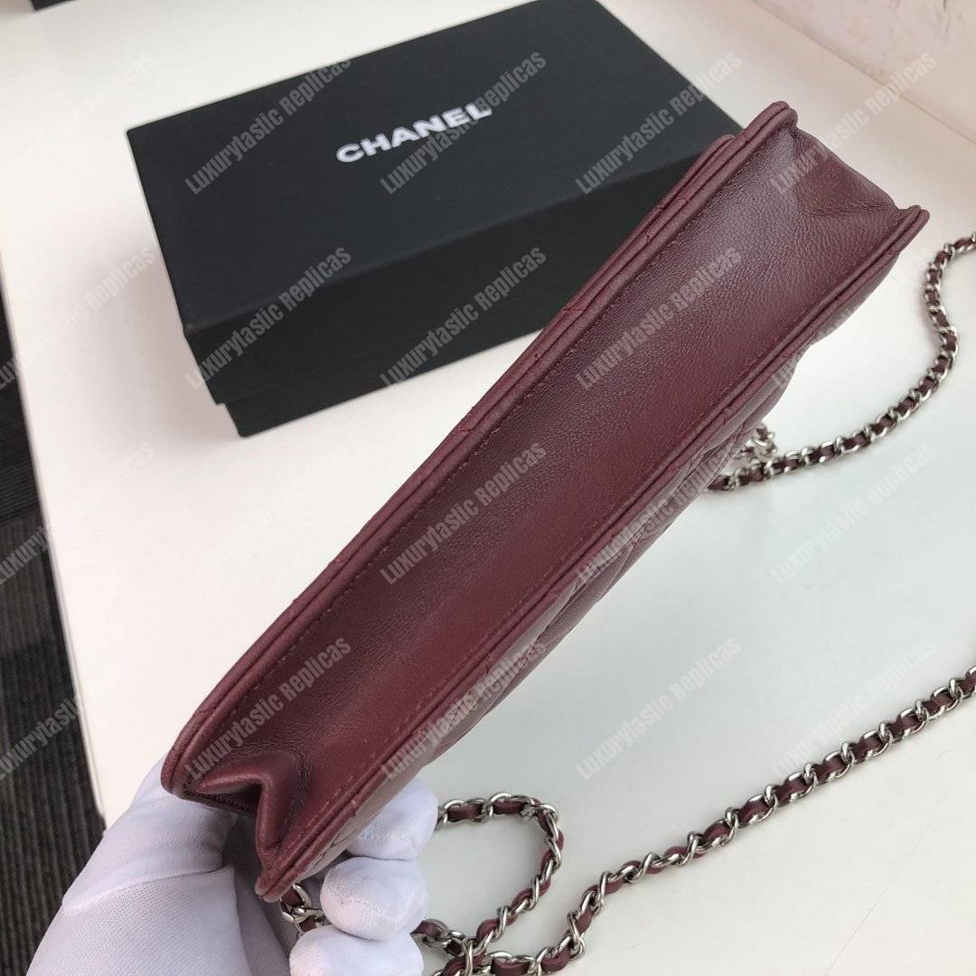 Ch*el wallet on chain – woc quilted lambskin maroon silver-toned