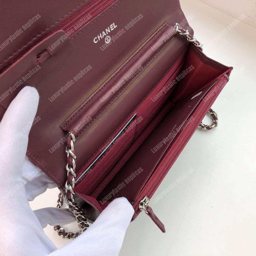 Ch*el wallet on chain – woc quilted lambskin maroon silver-toned