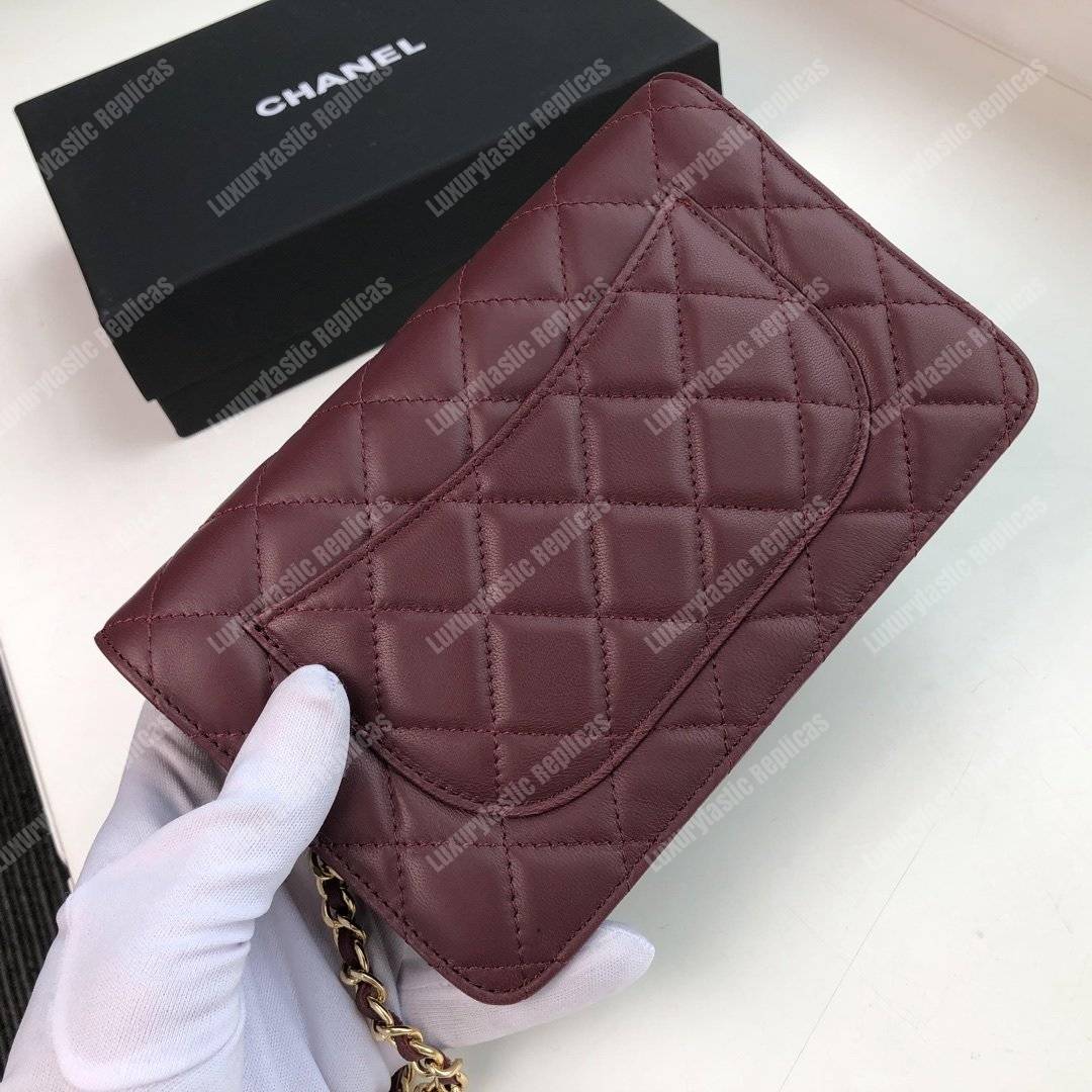Ch*el wallet on chain – woc quilted lambskin maroon gold-toned