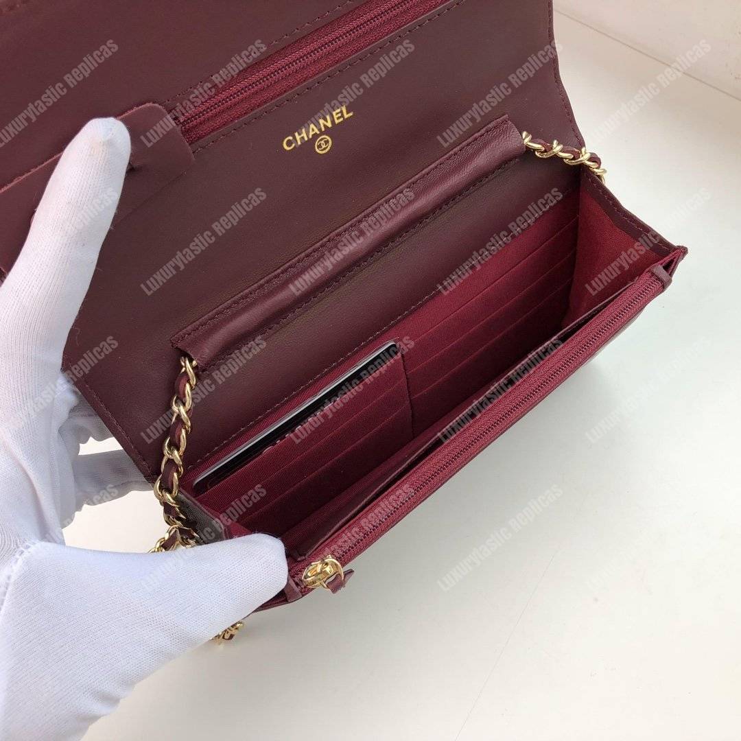 Ch*el wallet on chain – woc quilted lambskin maroon gold-toned