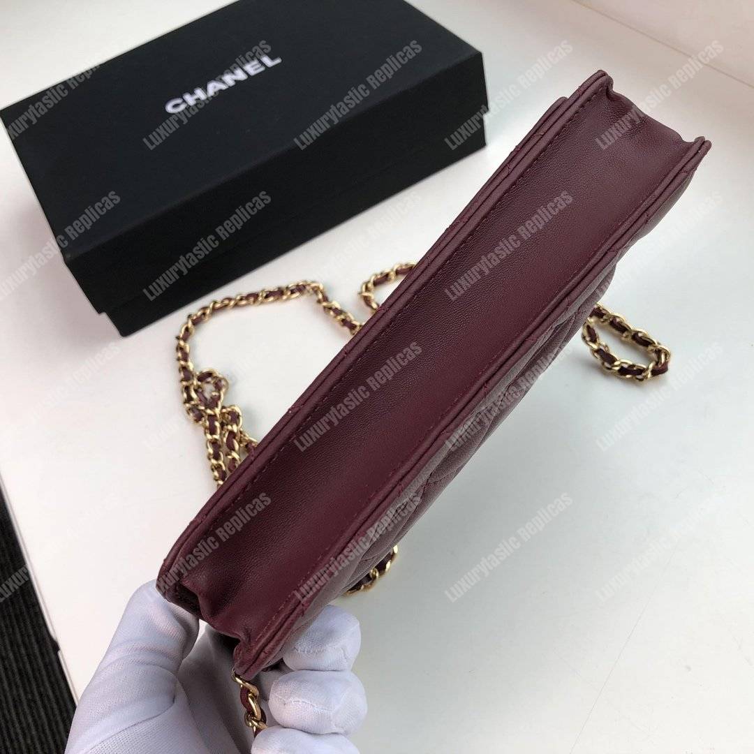 Ch*el wallet on chain – woc quilted lambskin maroon gold-toned