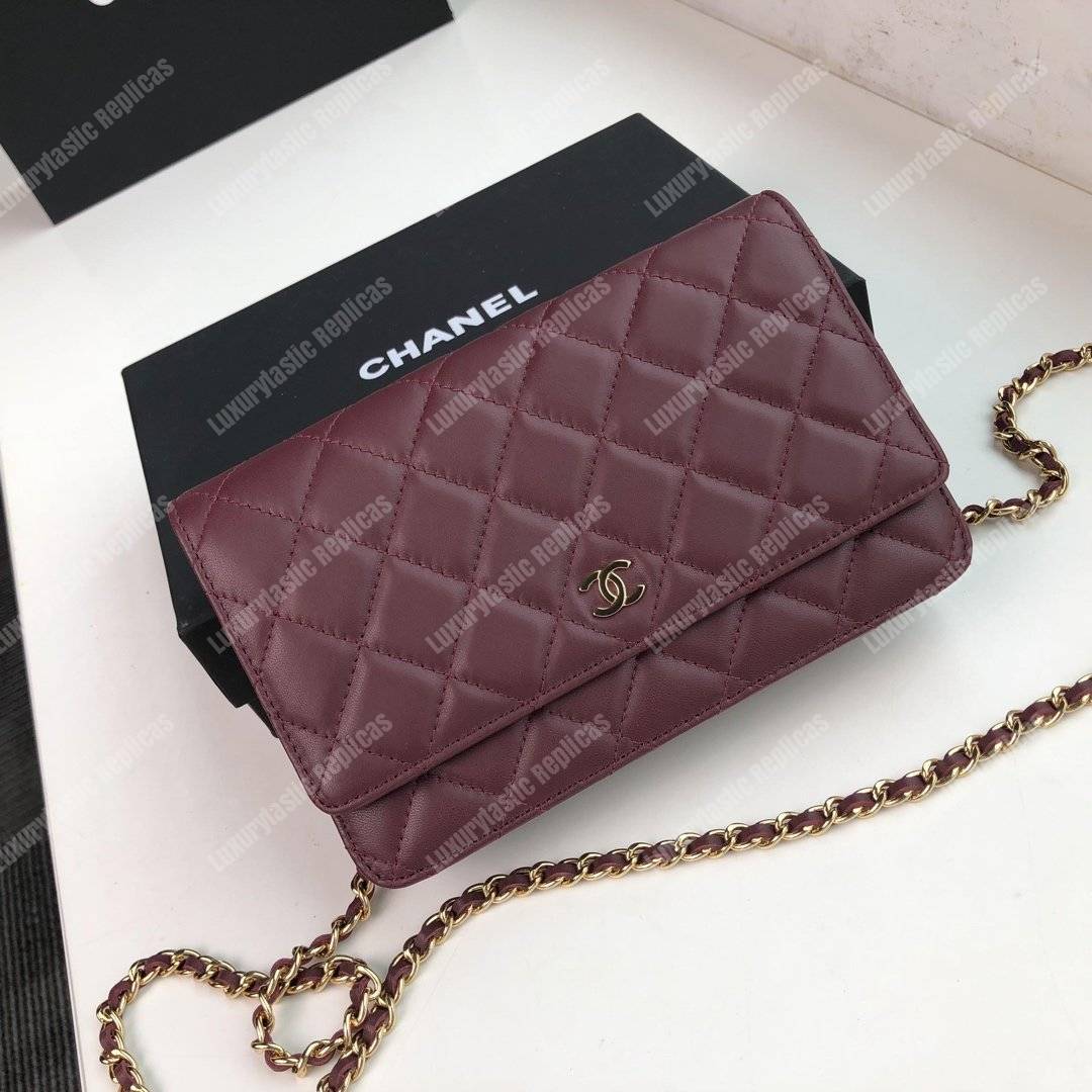Ch*el wallet on chain – woc quilted lambskin maroon gold-toned