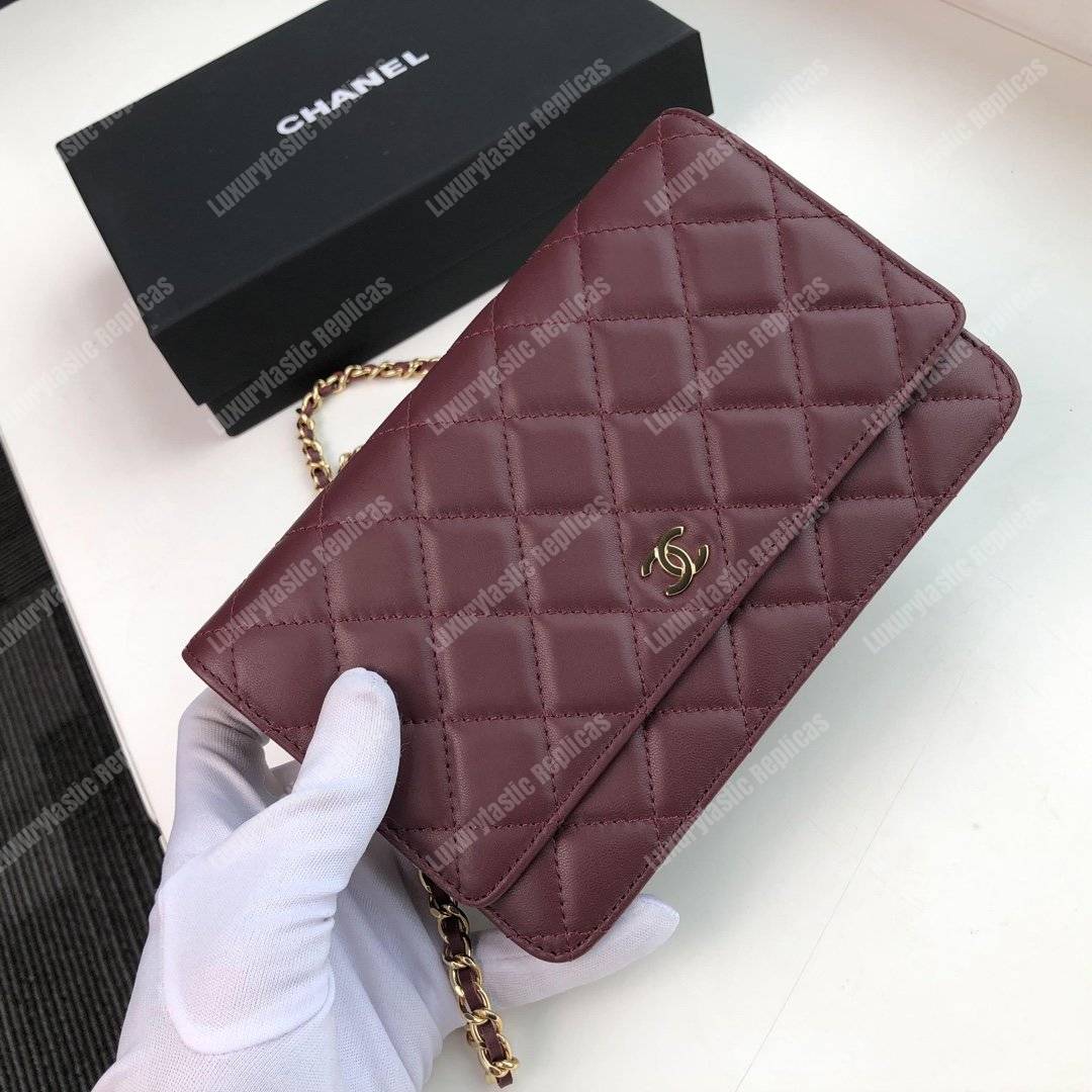 Ch*el wallet on chain – woc quilted lambskin maroon gold-toned