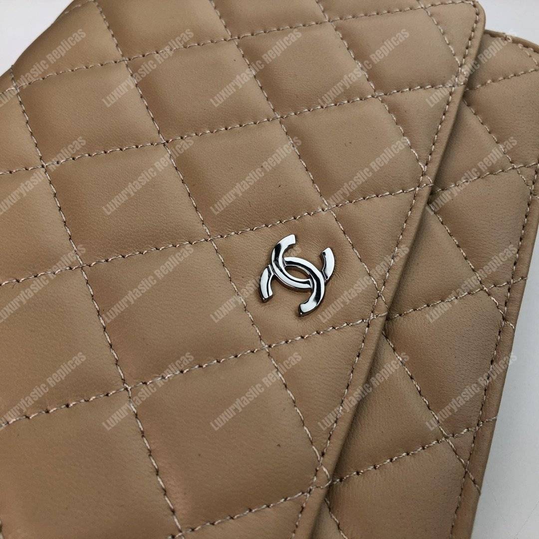 Ch*el wallet on chain – woc quilted lambskin beige silver-toned