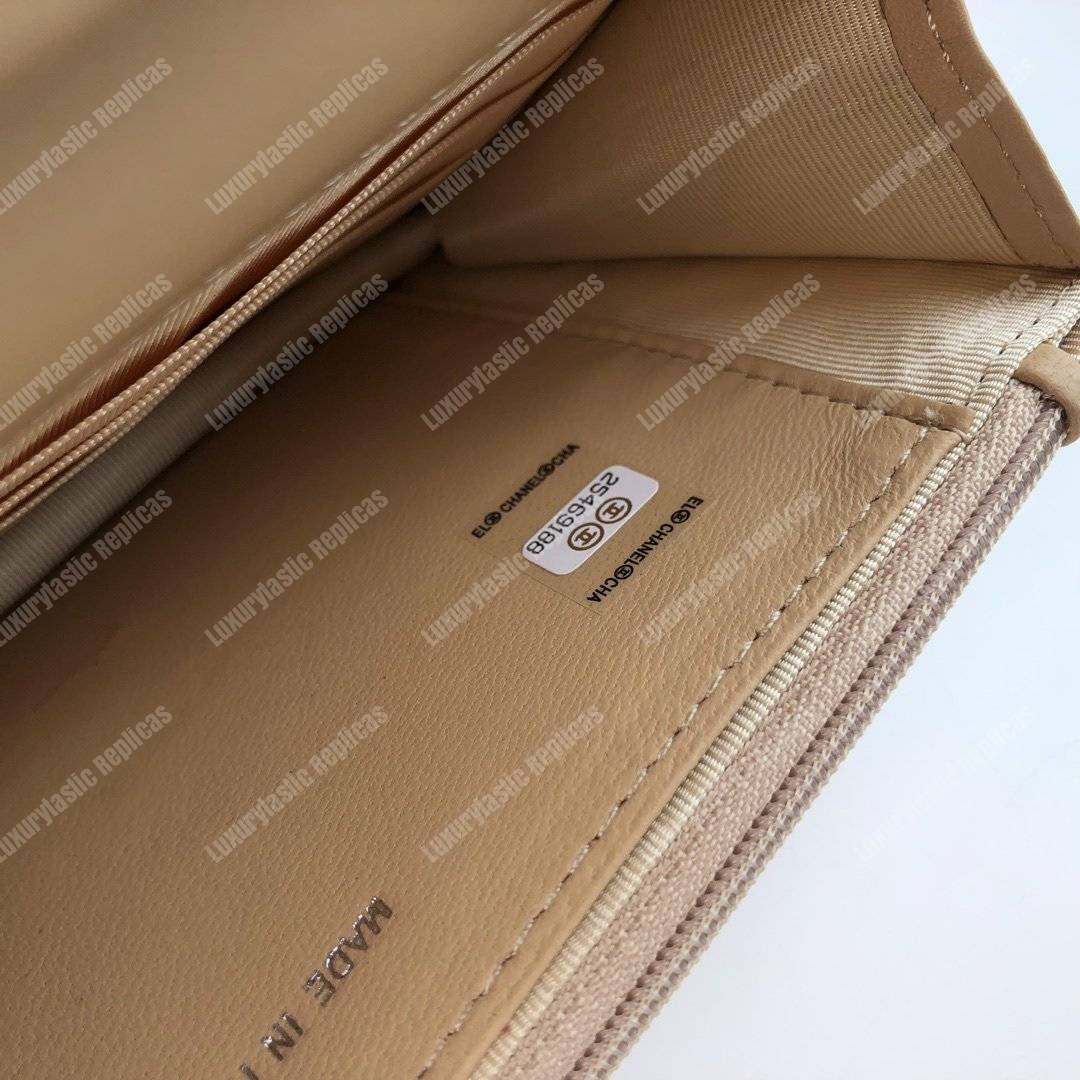 Ch*el wallet on chain – woc quilted lambskin beige silver-toned