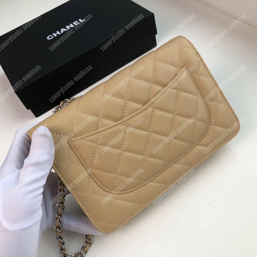 Ch*el wallet on chain – woc quilted lambskin beige silver-toned