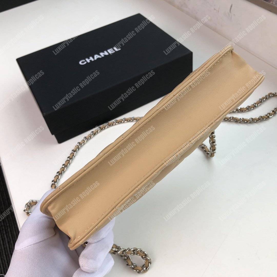 Ch*el wallet on chain – woc quilted lambskin beige silver-toned