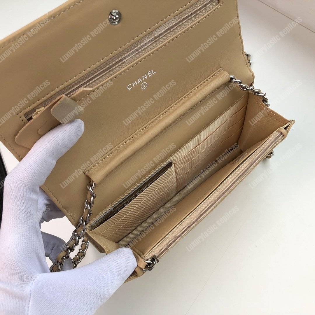 Ch*el wallet on chain – woc quilted lambskin beige silver-toned