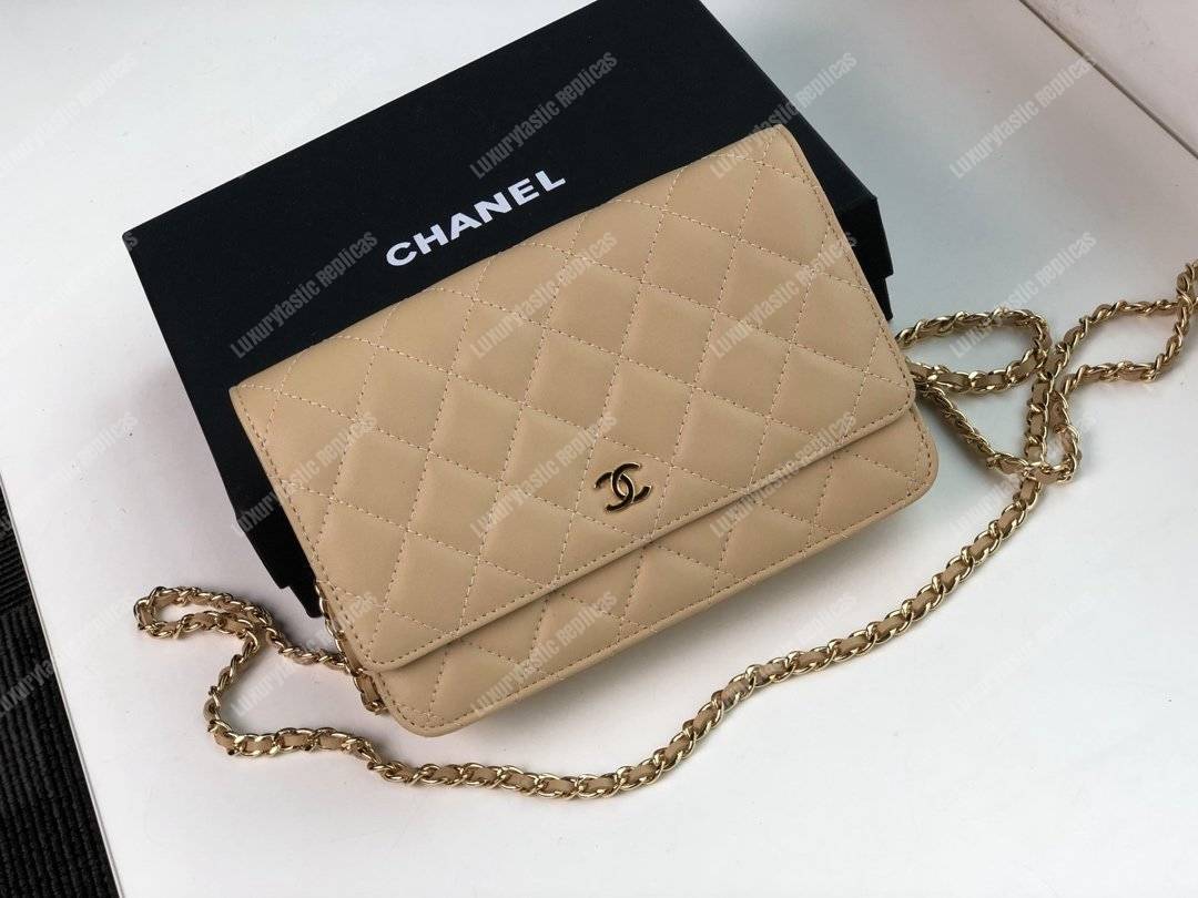Ch*el wallet on chain – woc quilted lambskin beige gold-toned