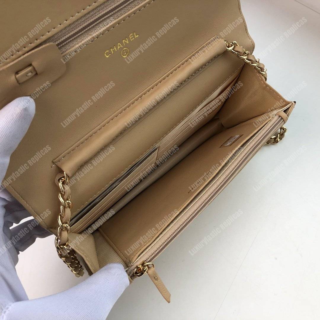 Ch*el wallet on chain – woc quilted lambskin beige gold-toned