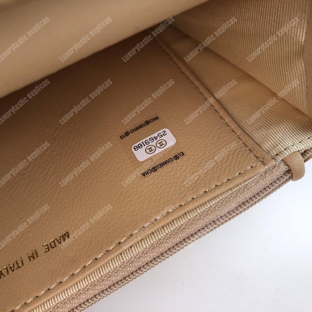 Ch*el wallet on chain – woc quilted lambskin beige gold-toned