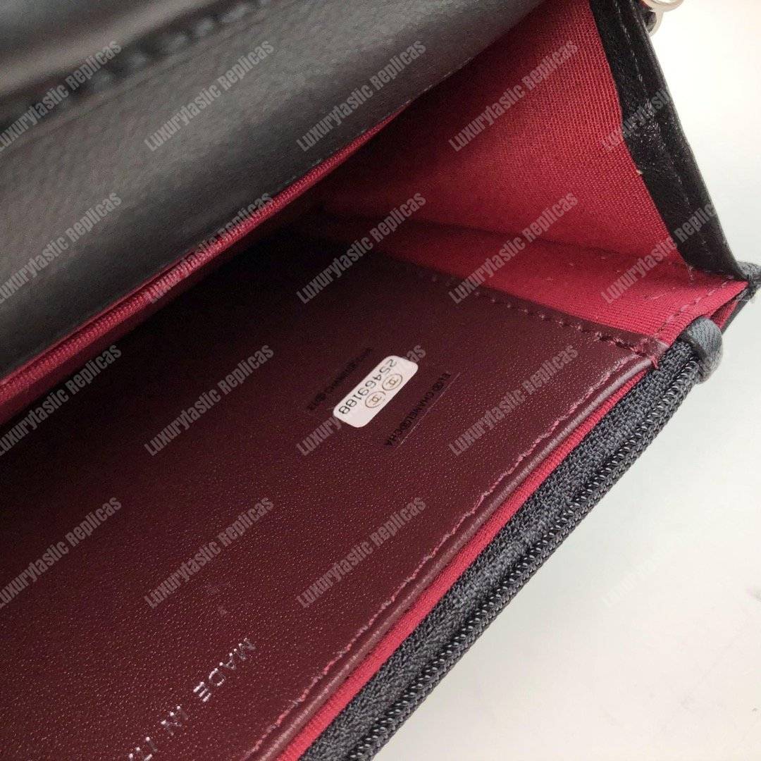 Ch*el wallet on chain – woc chevron lambskin black silver-toned