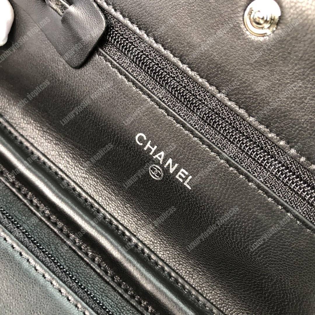 Ch*el wallet on chain – woc chevron lambskin black silver-toned