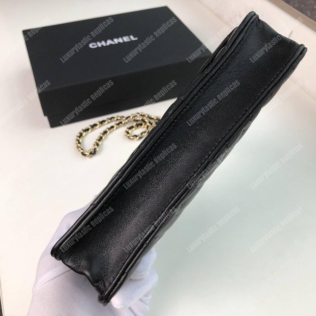 Ch*el wallet on chain – woc chevron lambskin black gold-toned