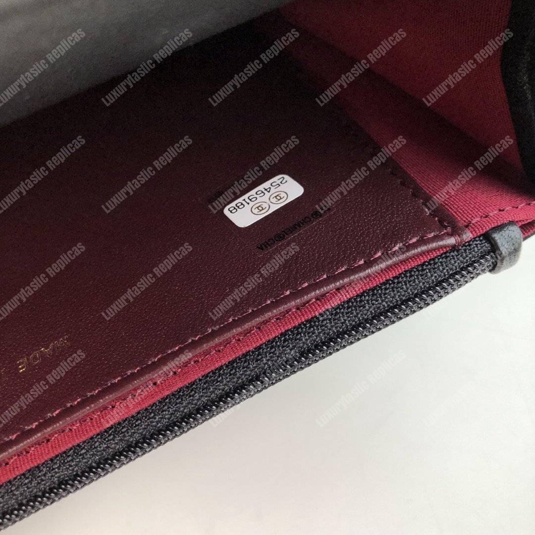 Ch*el wallet on chain – woc chevron lambskin black gold-toned