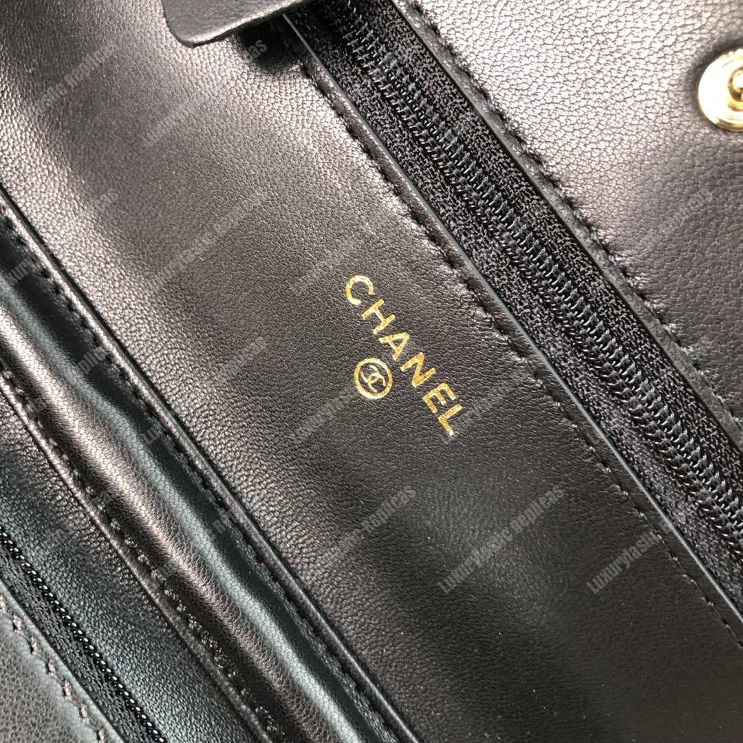 Ch*el wallet on chain – woc chevron lambskin black gold-toned