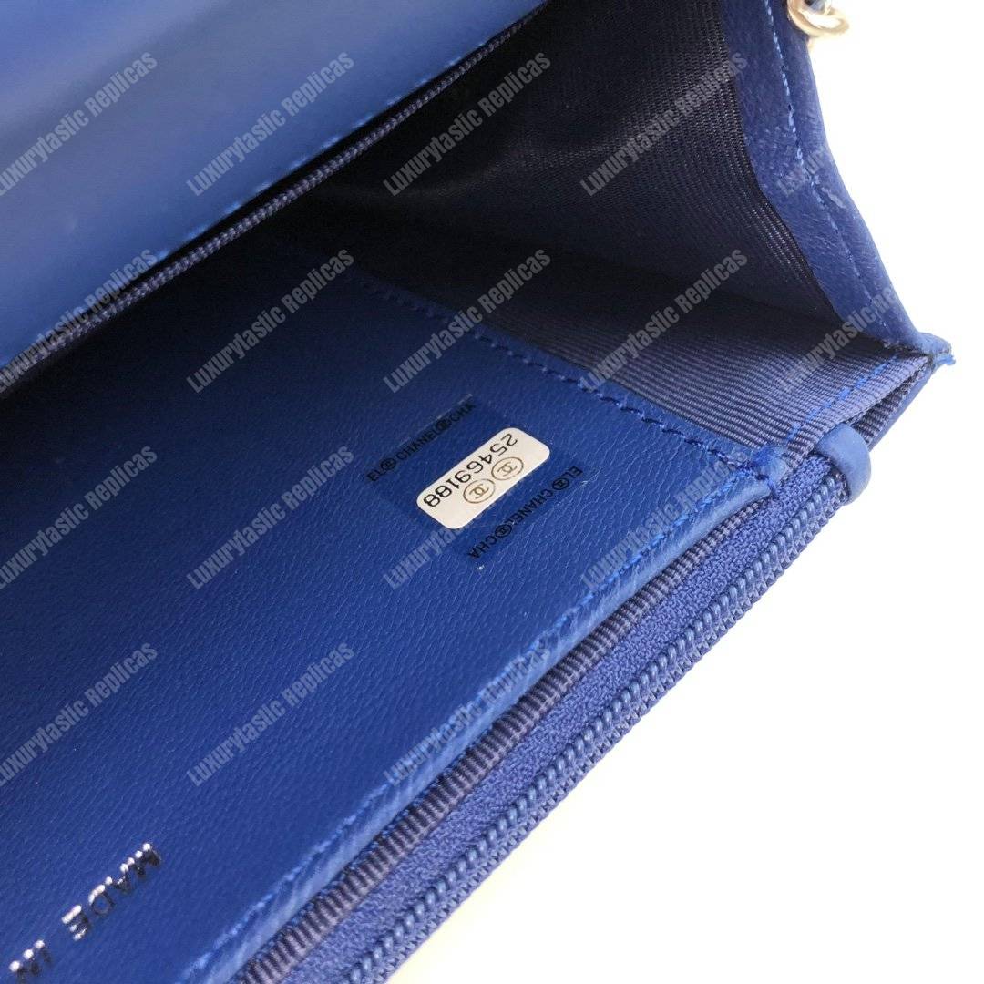 Ch*el wallet on chain – woc chevron lambskin blue silver-toned