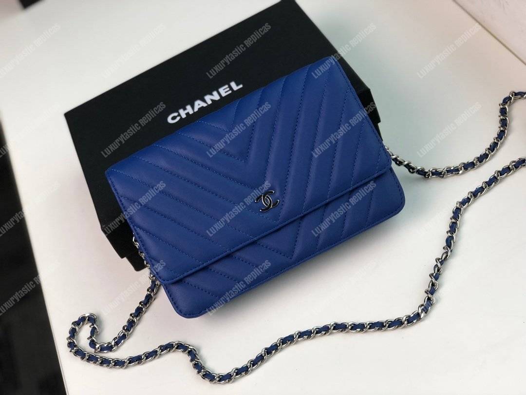 Ch*el wallet on chain – woc chevron lambskin blue silver-toned