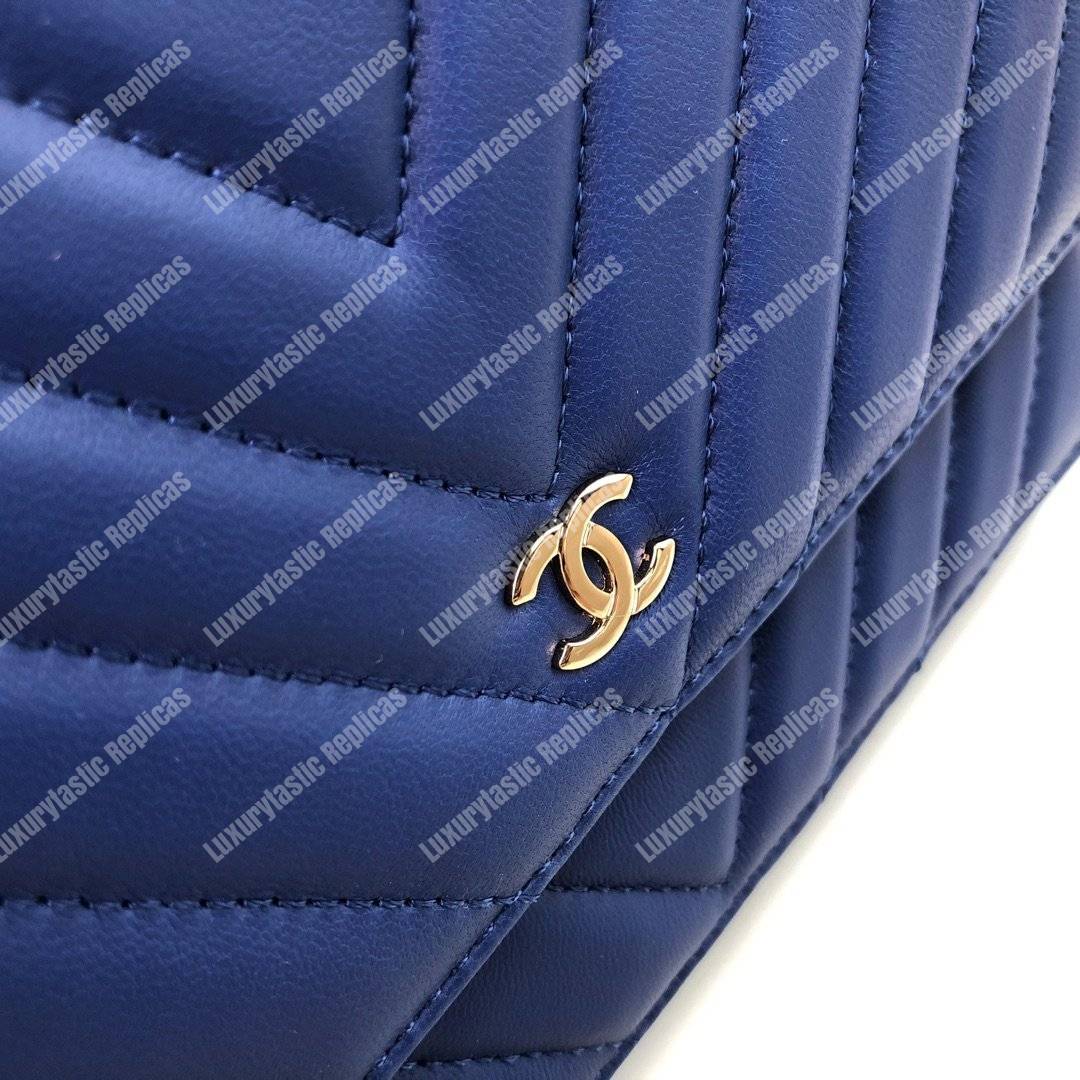 Ch*el wallet on chain – woc chevron lambskin blue gold-toned