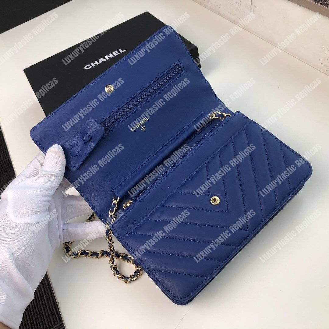 Ch*el wallet on chain – woc chevron lambskin blue gold-toned