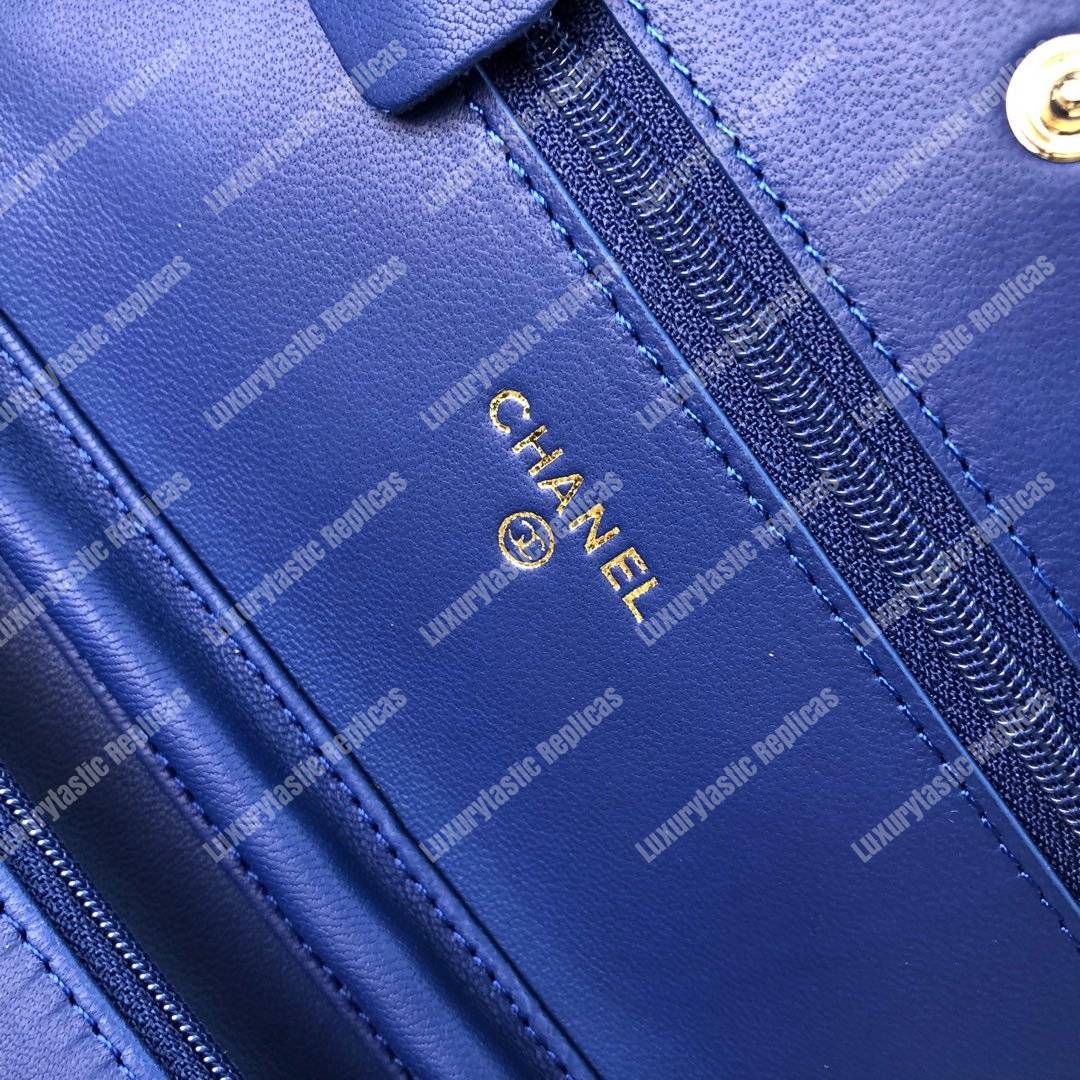 Ch*el wallet on chain – woc chevron lambskin blue gold-toned