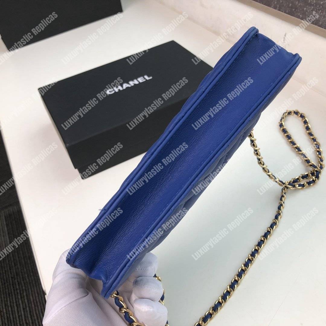 Ch*el wallet on chain – woc chevron lambskin blue gold-toned