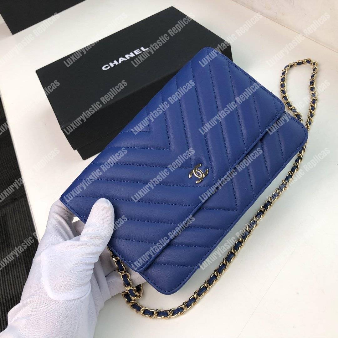 Ch*el wallet on chain – woc chevron lambskin blue gold-toned