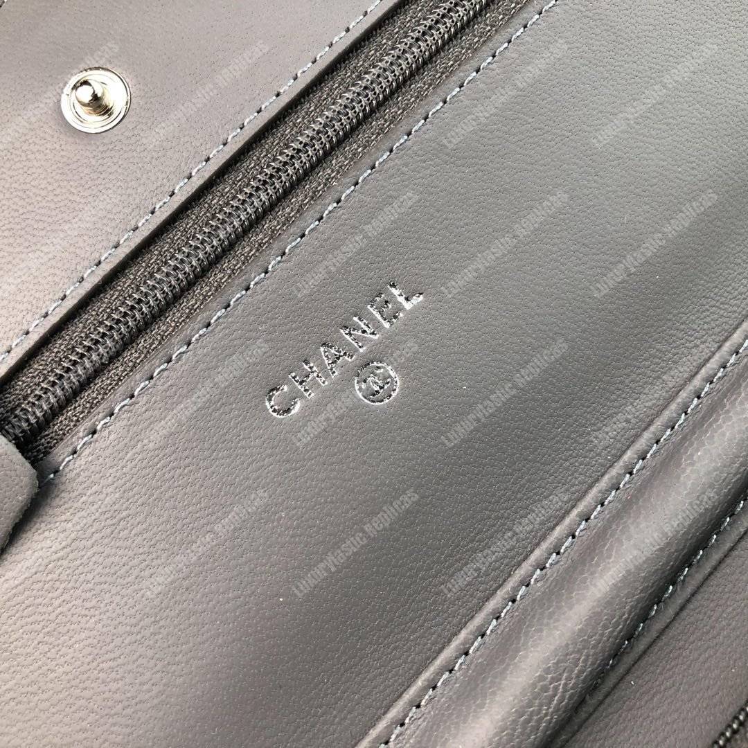 Ch*el wallet on chain – woc chevron lambskin grey silver-toned