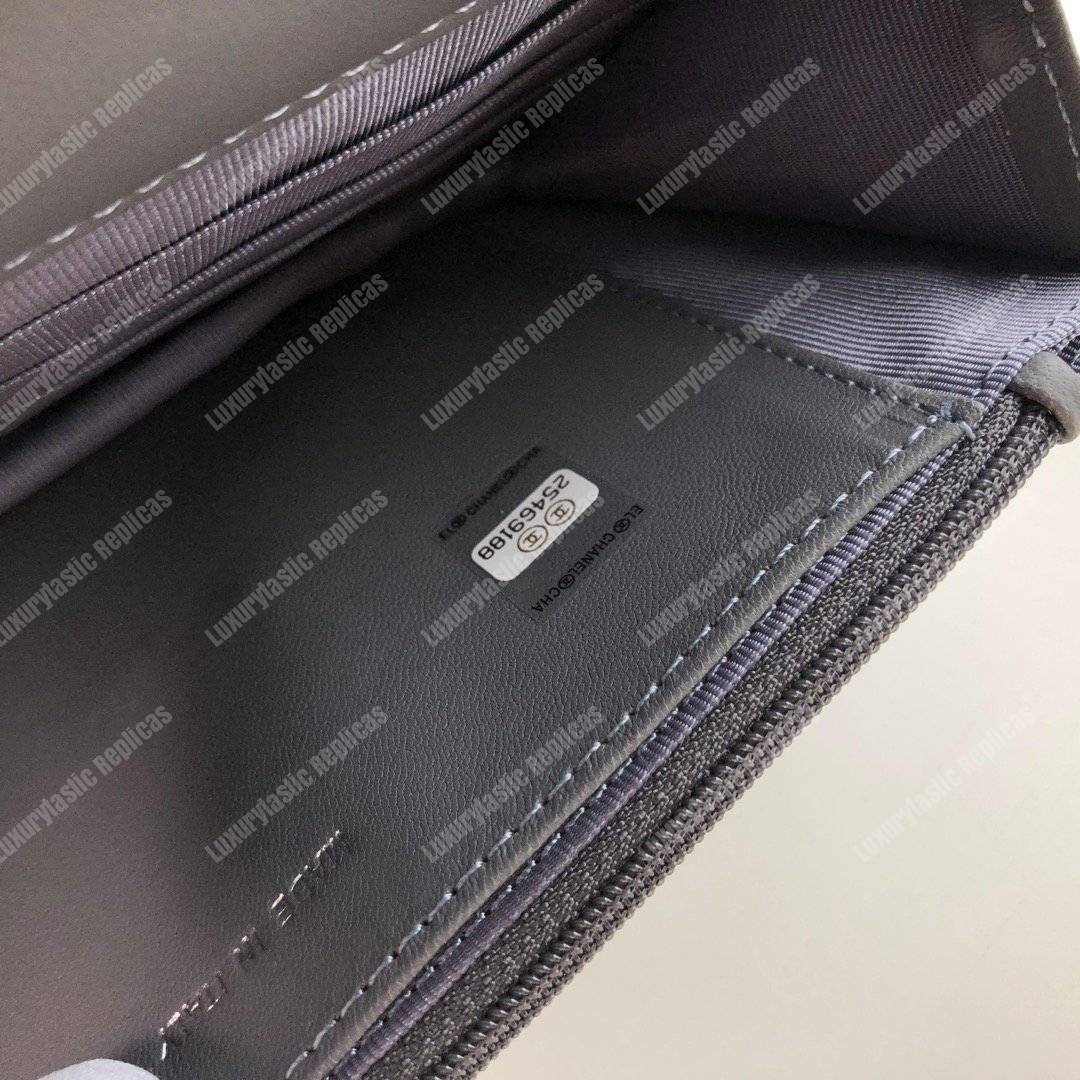 Ch*el wallet on chain – woc chevron lambskin grey silver-toned