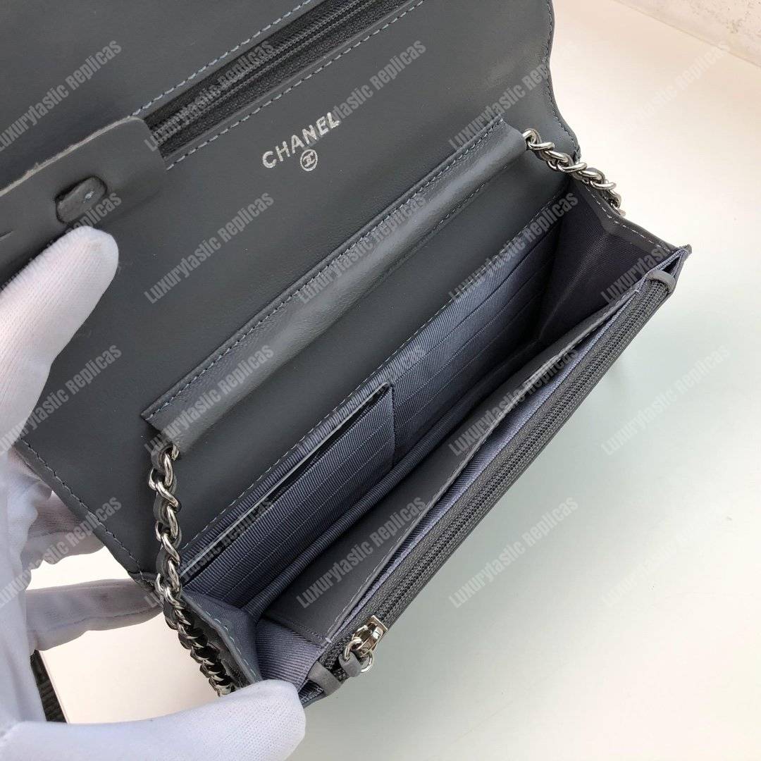Ch*el wallet on chain – woc chevron lambskin grey silver-toned