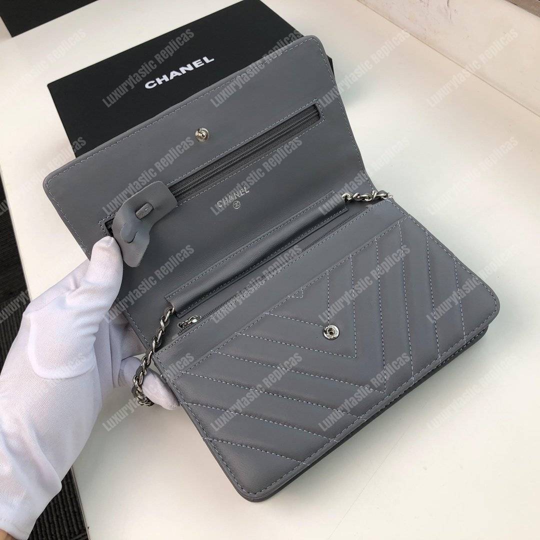 Ch*el wallet on chain – woc chevron lambskin grey silver-toned
