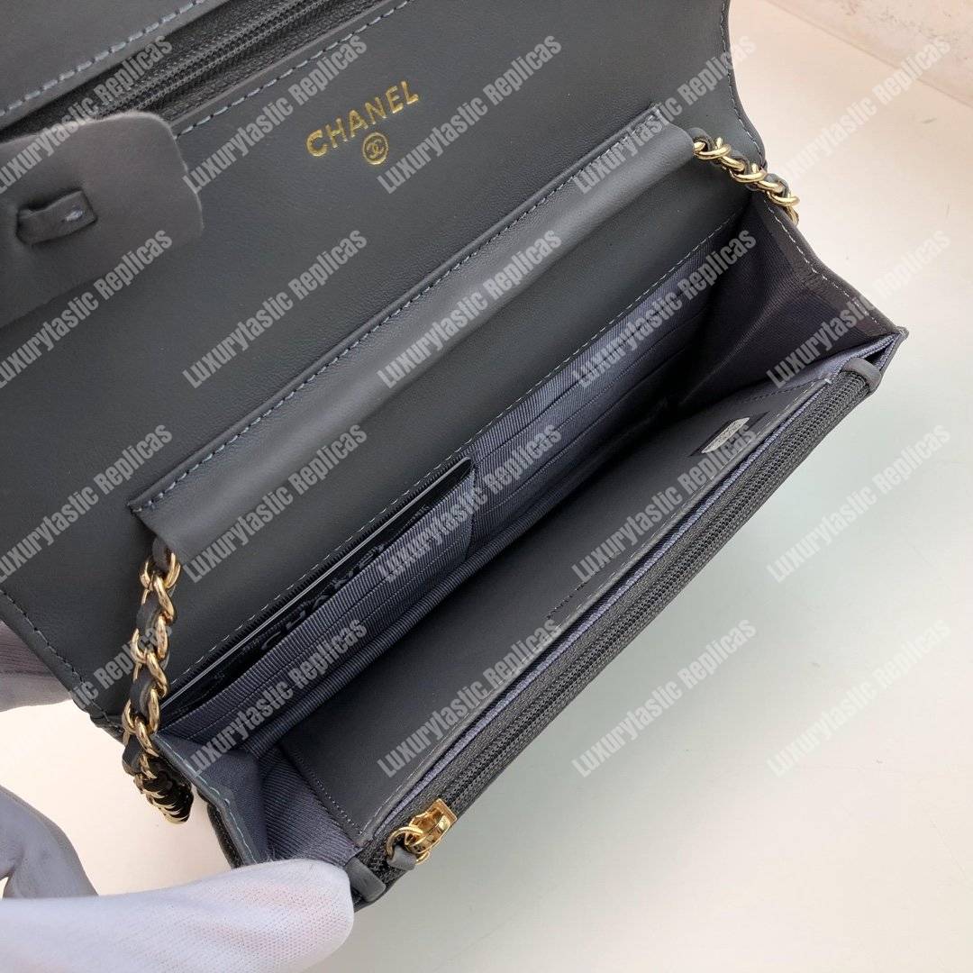 Ch*el wallet on chain – woc chevron lambskin grey gold-toned