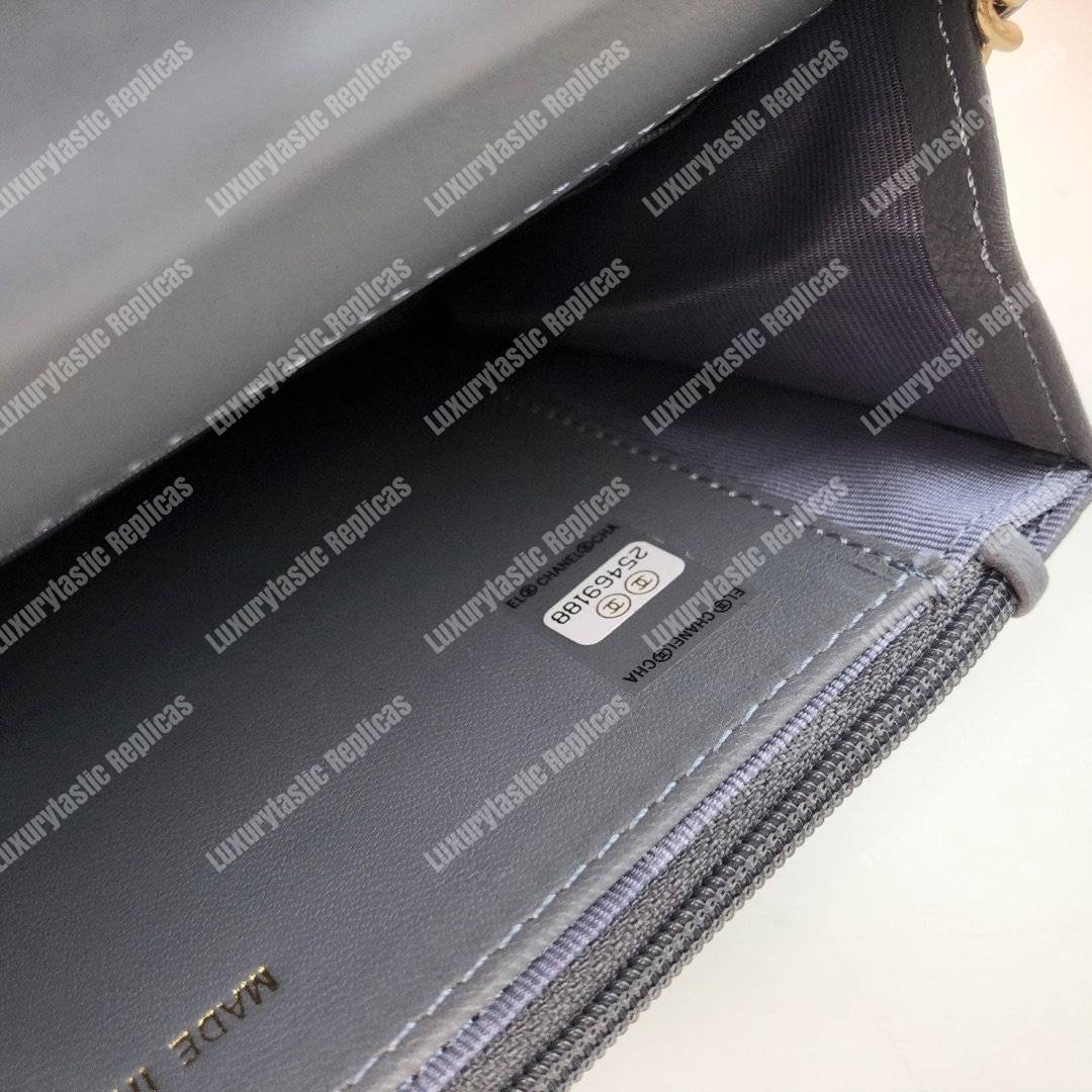 Ch*el wallet on chain – woc chevron lambskin grey gold-toned