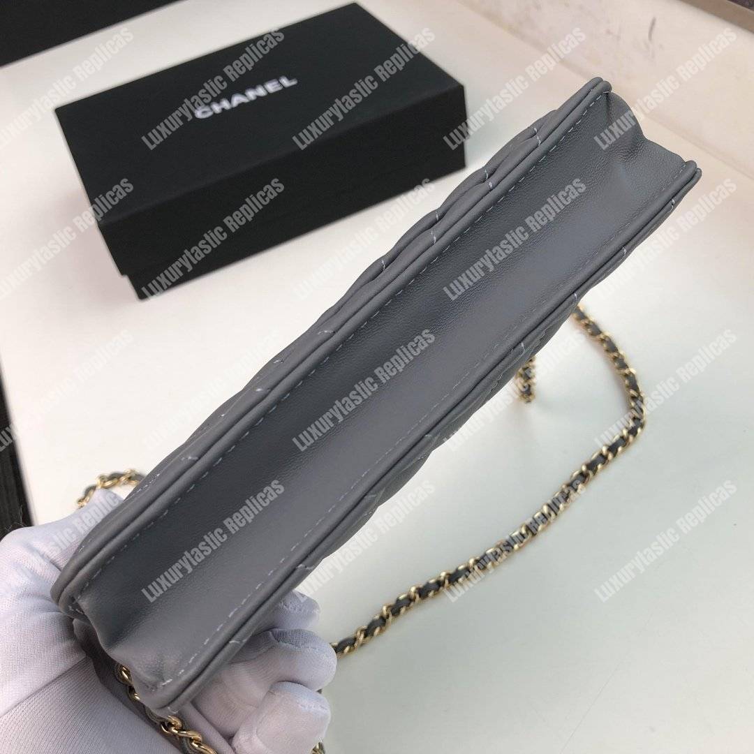 Ch*el wallet on chain – woc chevron lambskin grey gold-toned