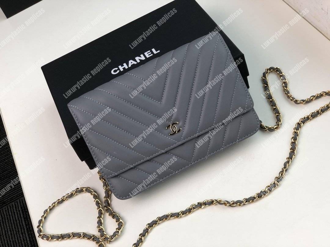 Ch*el wallet on chain – woc chevron lambskin grey gold-toned
