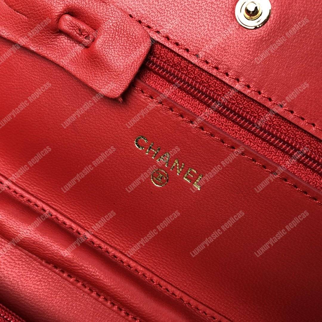 Ch*el wallet on chain – woc chevron lambskin red gold-toned