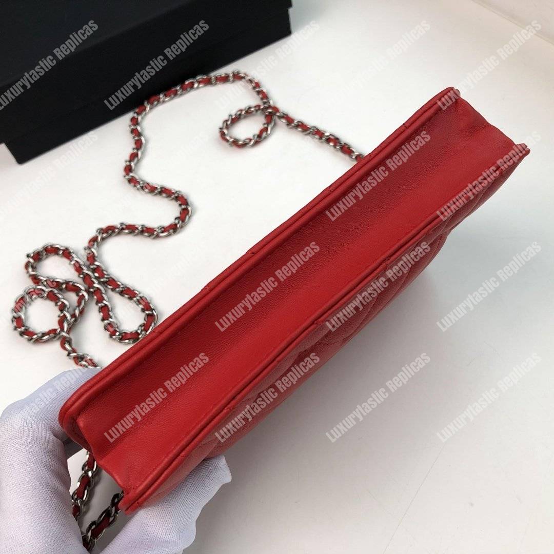 Ch*el wallet on chain – woc chevron lambskin red silver-toned