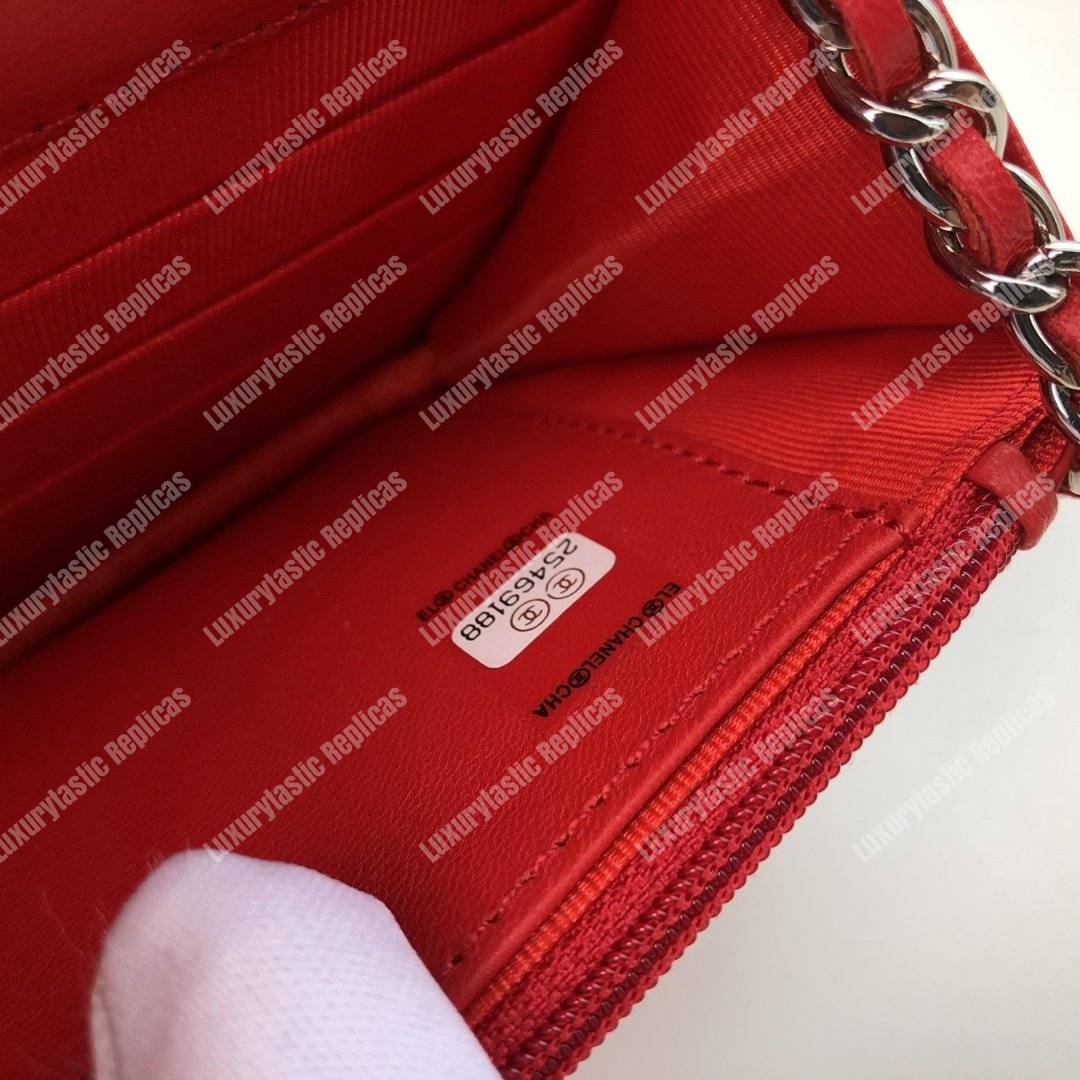 Ch*el wallet on chain – woc chevron lambskin red silver-toned