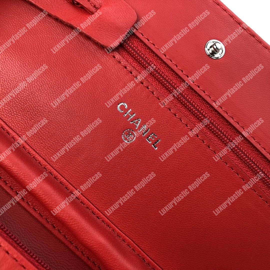 Ch*el wallet on chain – woc chevron lambskin red silver-toned