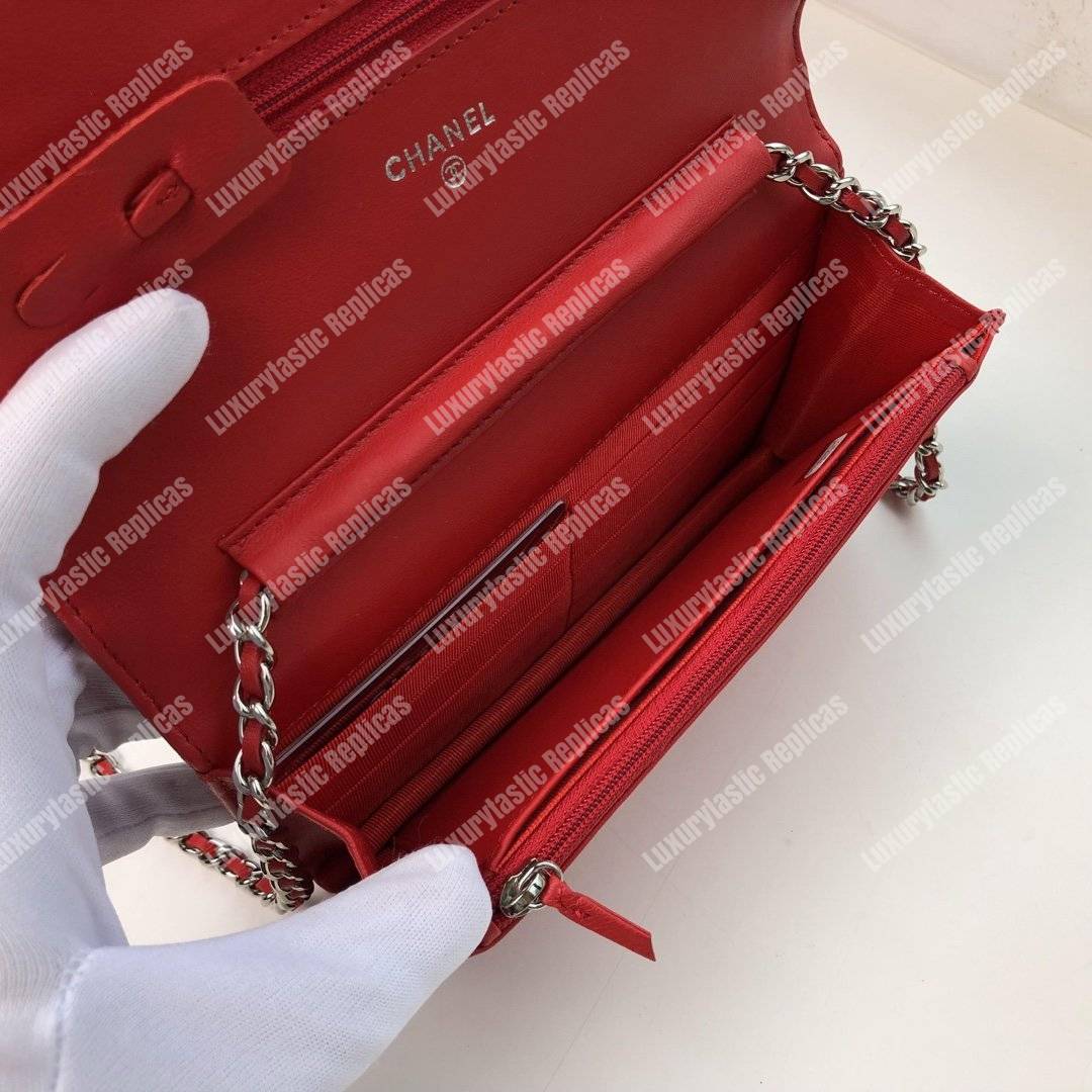 Ch*el wallet on chain – woc chevron lambskin red silver-toned