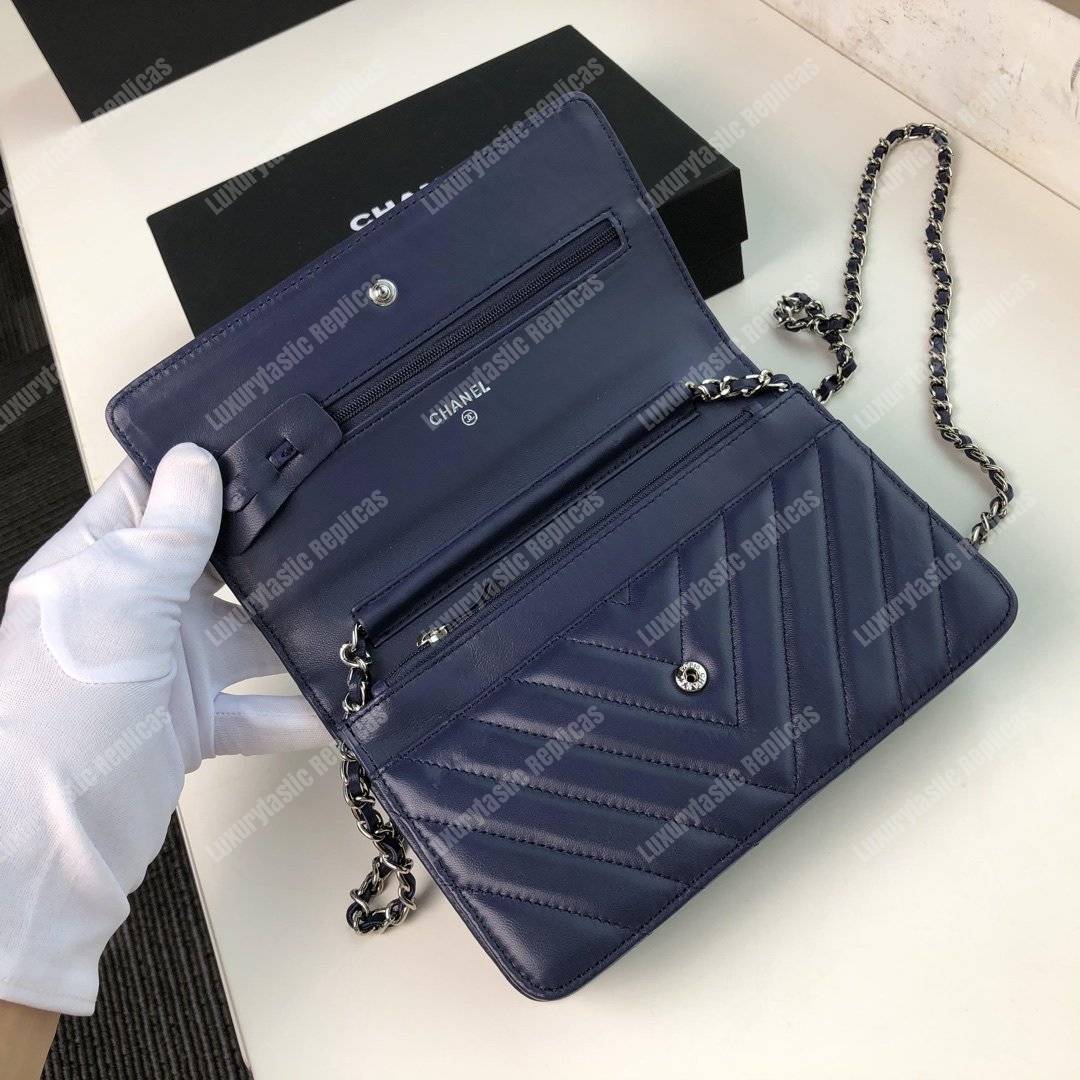 Ch*el wallet on chain – woc chevron lambskin dark blue silver-toned