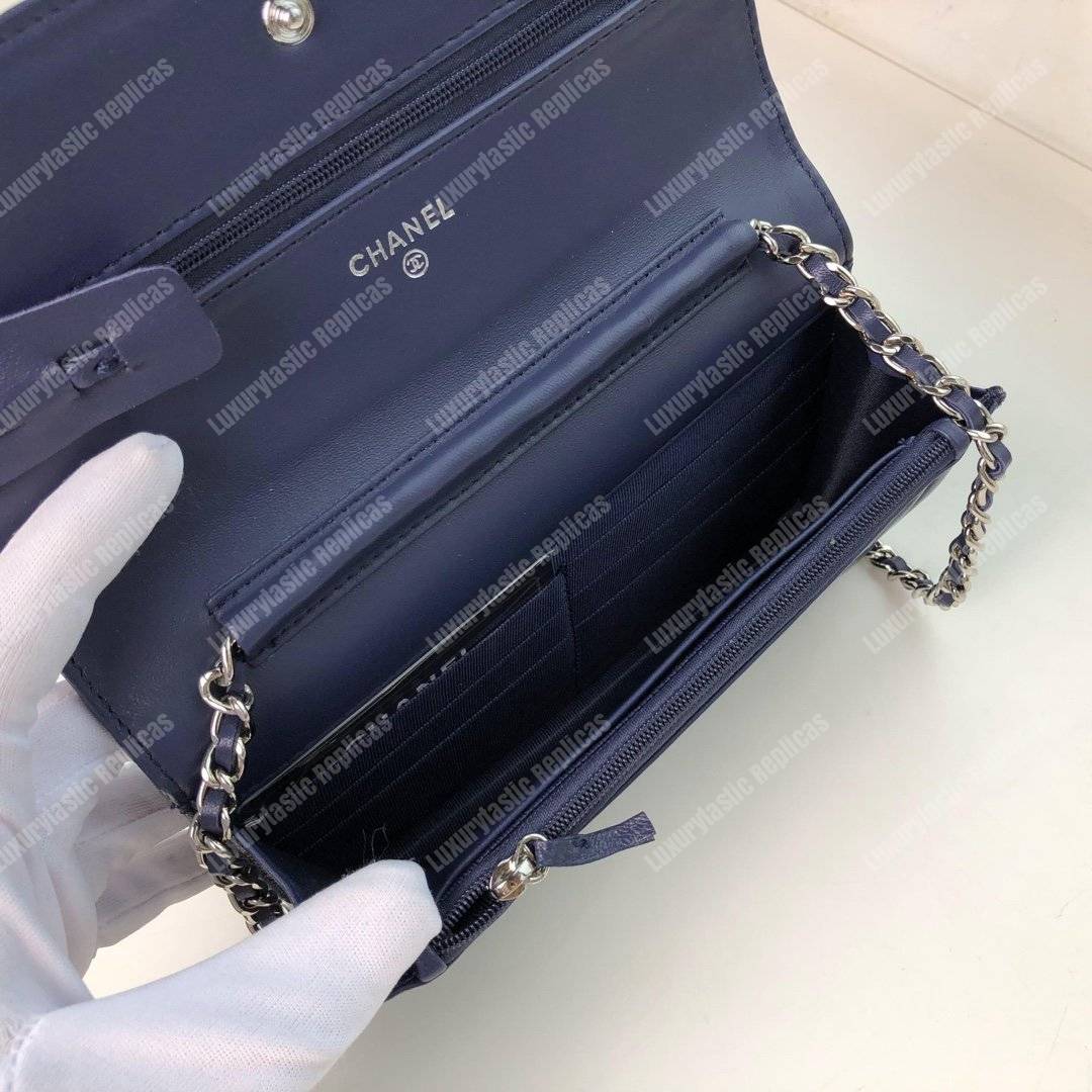 Ch*el wallet on chain – woc chevron lambskin dark blue silver-toned