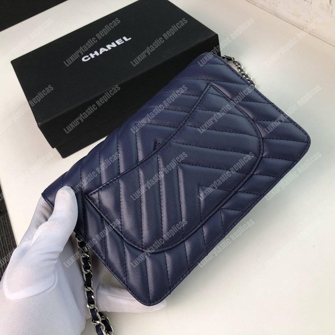 Ch*el wallet on chain – woc chevron lambskin dark blue silver-toned