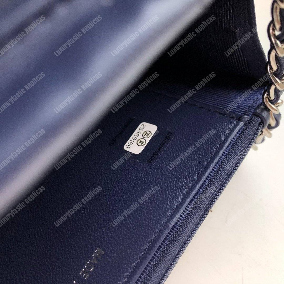 Ch*el wallet on chain – woc chevron lambskin dark blue silver-toned