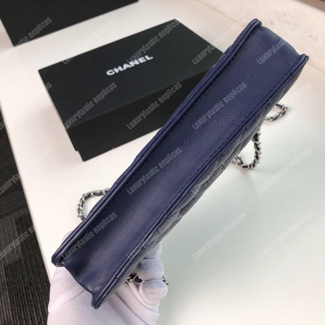 Ch*el wallet on chain – woc chevron lambskin dark blue silver-toned
