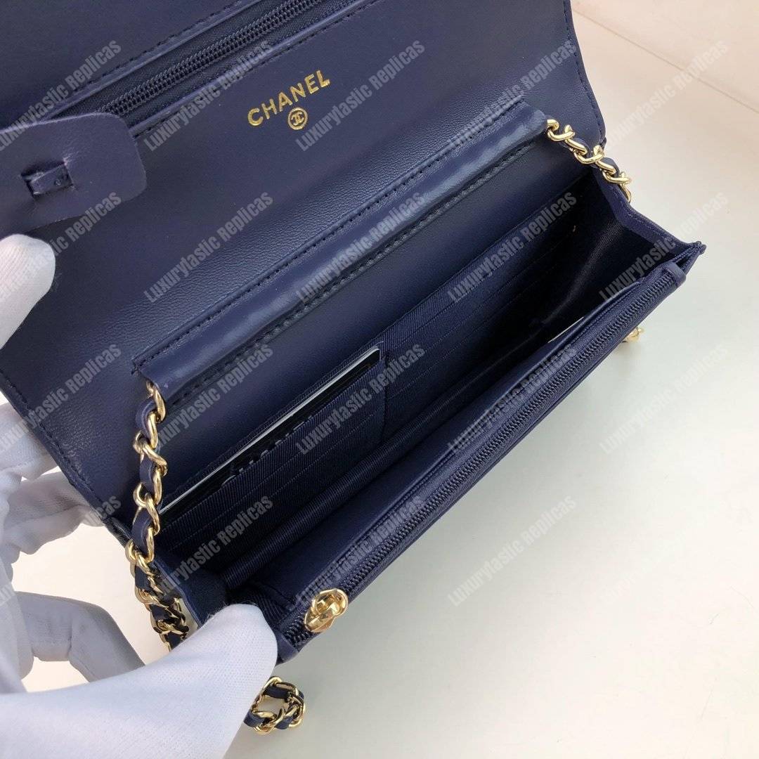 Ch*el wallet on chain – woc chevron lambskin dark blue gold-toned